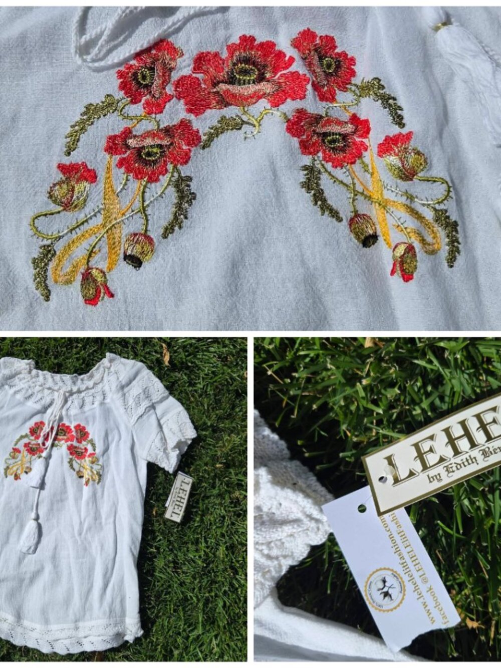 Romanian Embroidered Poppy Blouse White Cotton Lace Traditional Folk - size S